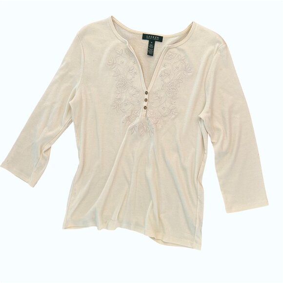 Lauren Ralph Lauren Embroidered V Neck Quarter Sleeve Tee Tunic Size Medium - Picture 1 of 11